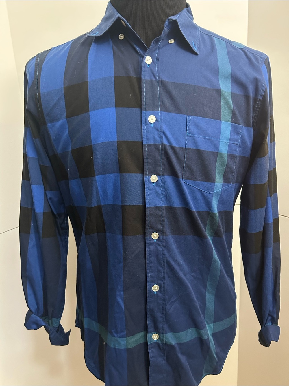 Burberry Blue and Black Check Cotton Button-Down Shirt